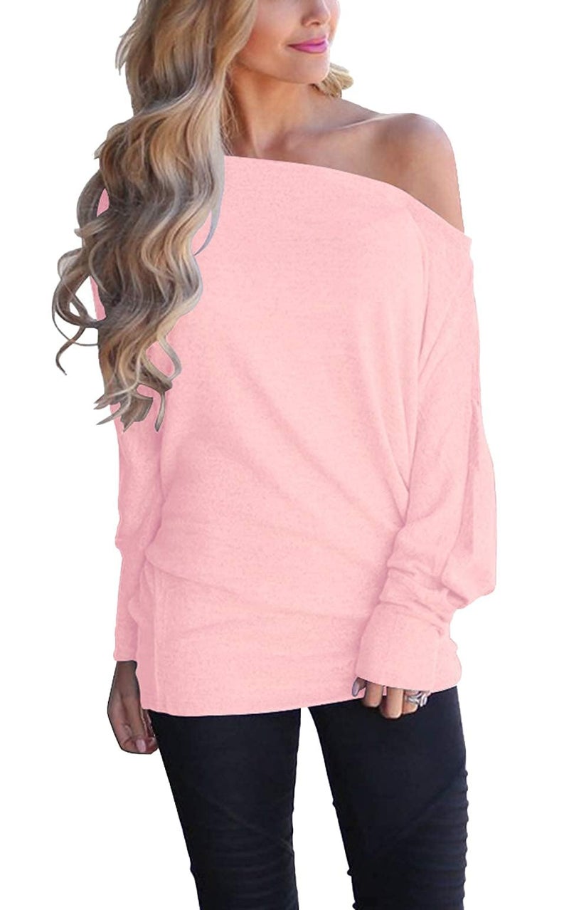 Lacozy Women's Off The Shoulder Long Sleeve Tunic Tops Loose Casual Oversized Shirts Blouses Spring Fall Pink L - Image 1
